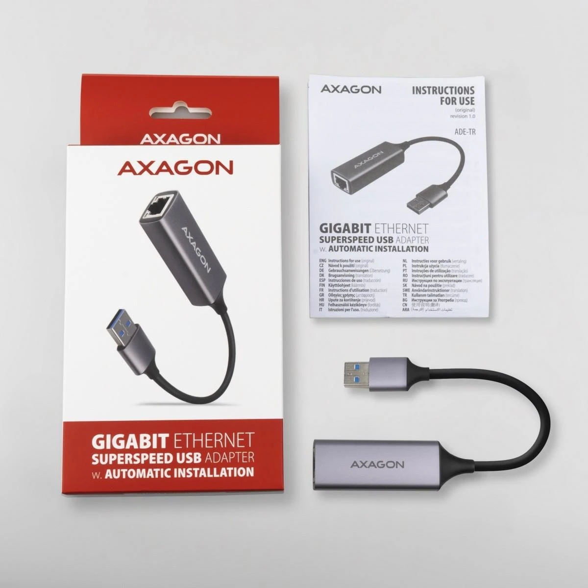 AXAGON ADE-TR Kompaktiškas aliuminio USB 3.2 Gen 1 Gigabit Ethernet 10/100/1000Mbit adapteris su automatiniu diegimu