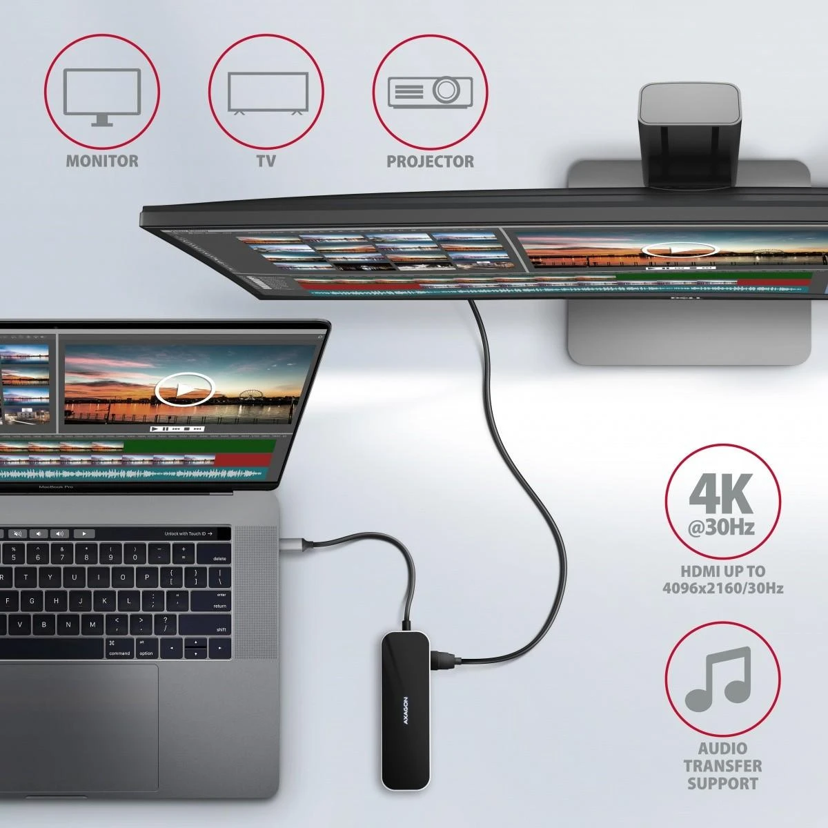 Axagon Multiport USB 3.2 Gen 1 šakotuvas. HDMI, Gigabit LAN ir maitinimo tiekimas. 20 cm USB-C laidas.