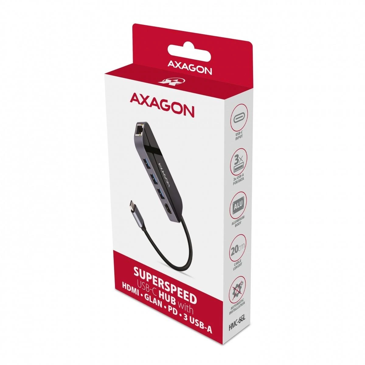 Axagon Multiport USB 3.2 Gen 1 šakotuvas. HDMI, Gigabit LAN ir maitinimo tiekimas. 20 cm USB-C laidas.