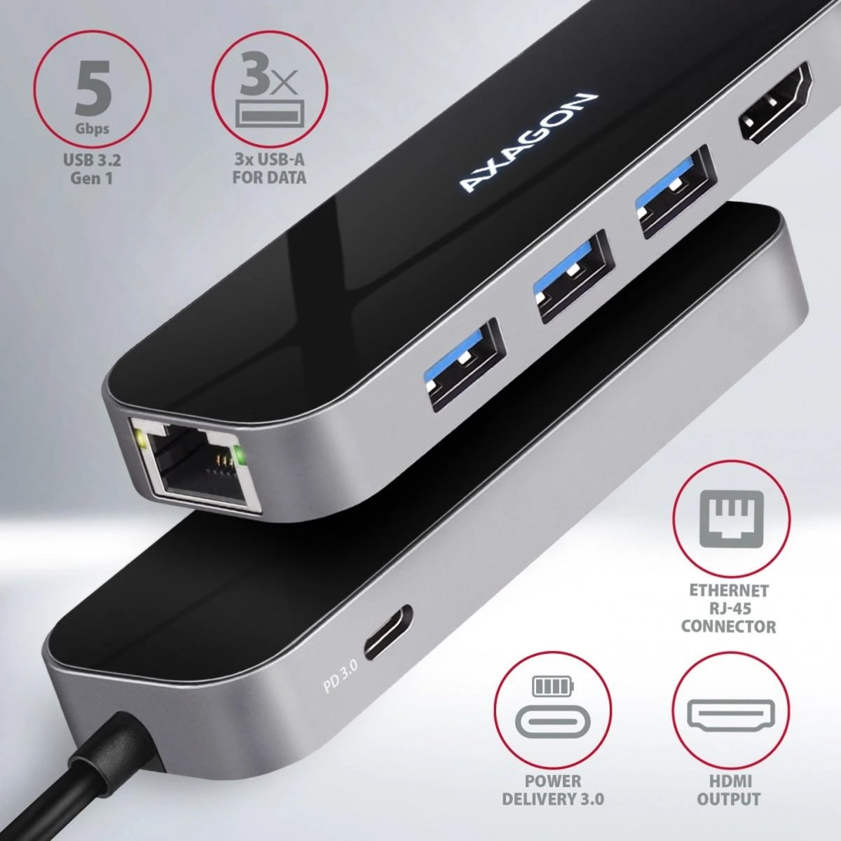 Axagon Multiport USB 3.2 Gen 1 šakotuvas. HDMI, Gigabit LAN ir maitinimo tiekimas. 20 cm USB-C laidas.