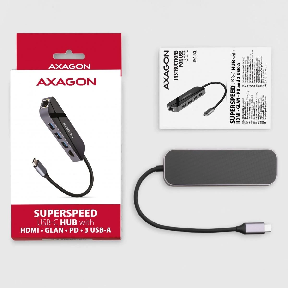 Axagon Multiport USB 3.2 Gen 1 šakotuvas. HDMI, Gigabit LAN ir maitinimo tiekimas. 20 cm USB-C laidas.