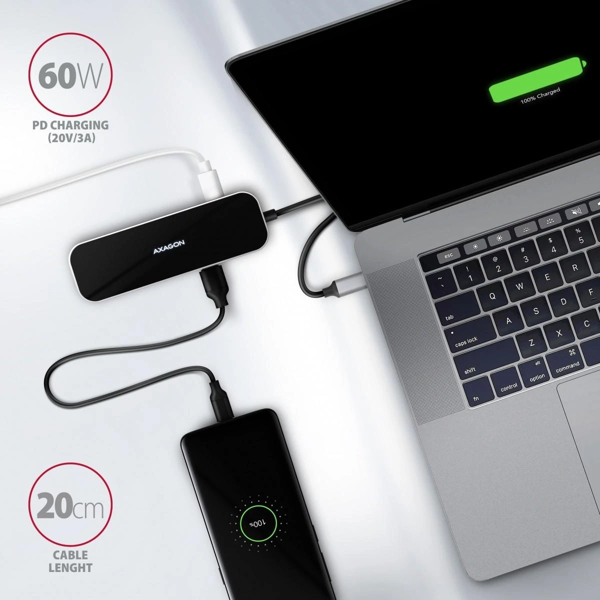 Axagon Multiport USB 3.2 Gen 1 šakotuvas. HDMI, Gigabit LAN ir maitinimo tiekimas. 20 cm USB-C laidas.