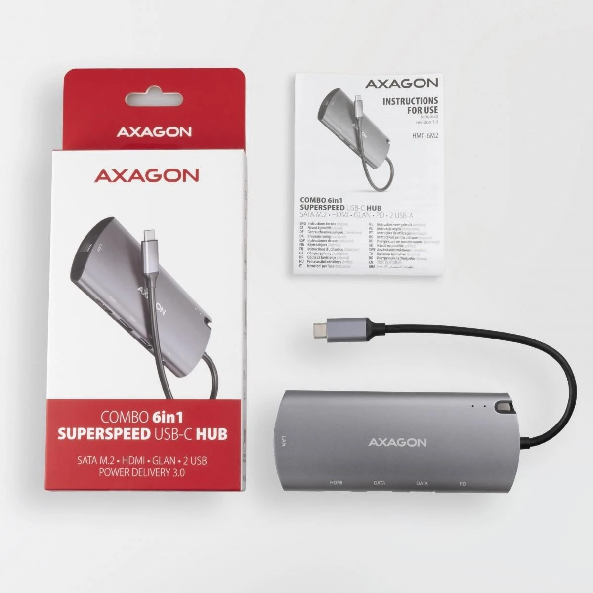 Axagon HMC-6M2 SUPERSPEED USB-C COMBO 6IN1 HUBMultiport USB 3.2 Gen 1 šakotuvas. SATA M.2, HDMI, Gigabit LAN ir maitinimo tiekimas. USB-C laidas 18 cm.