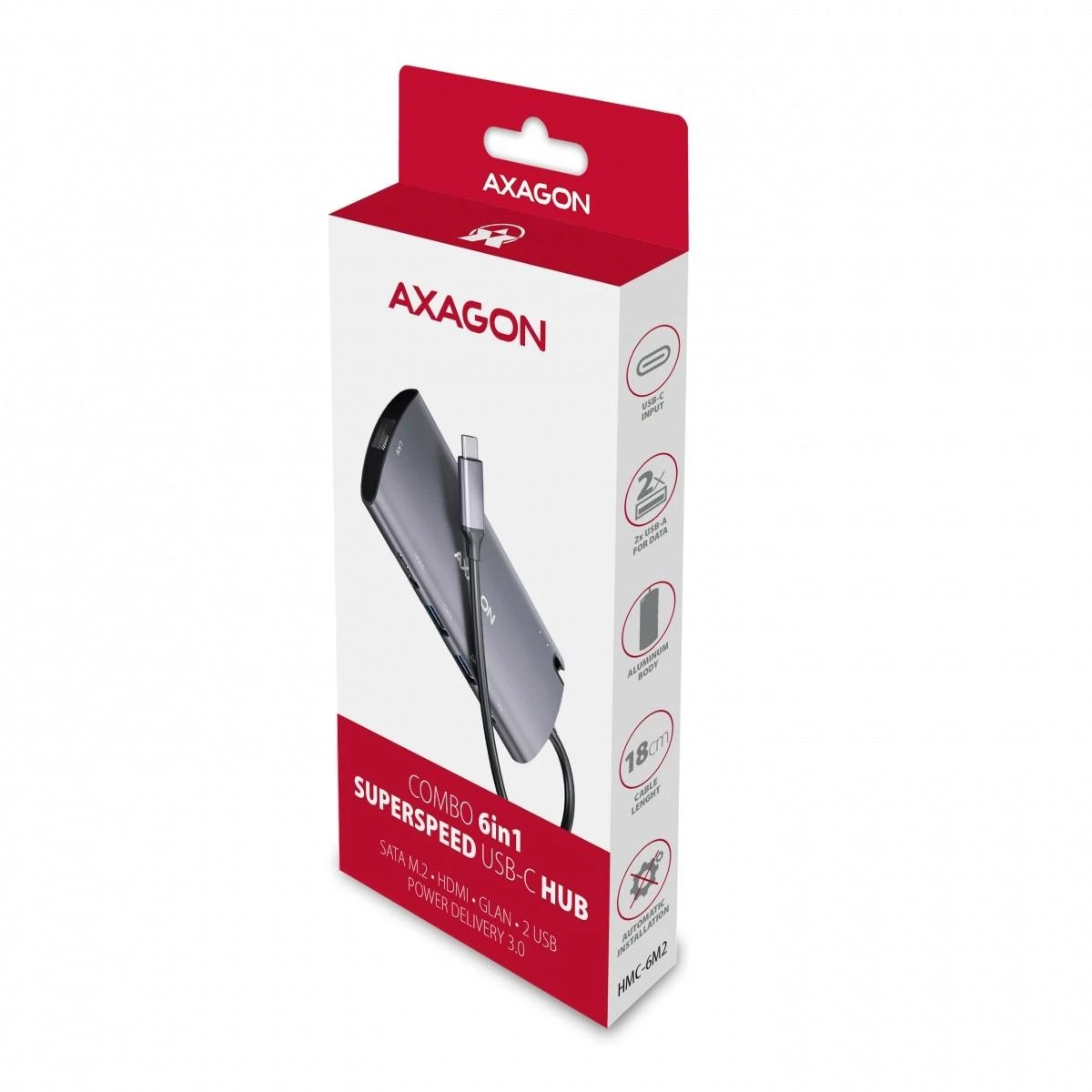 Axagon HMC-6M2 SUPERSPEED USB-C COMBO 6IN1 HUBMultiport USB 3.2 Gen 1 šakotuvas. SATA M.2, HDMI, Gigabit LAN ir maitinimo tiekimas. USB-C laidas 18 cm.