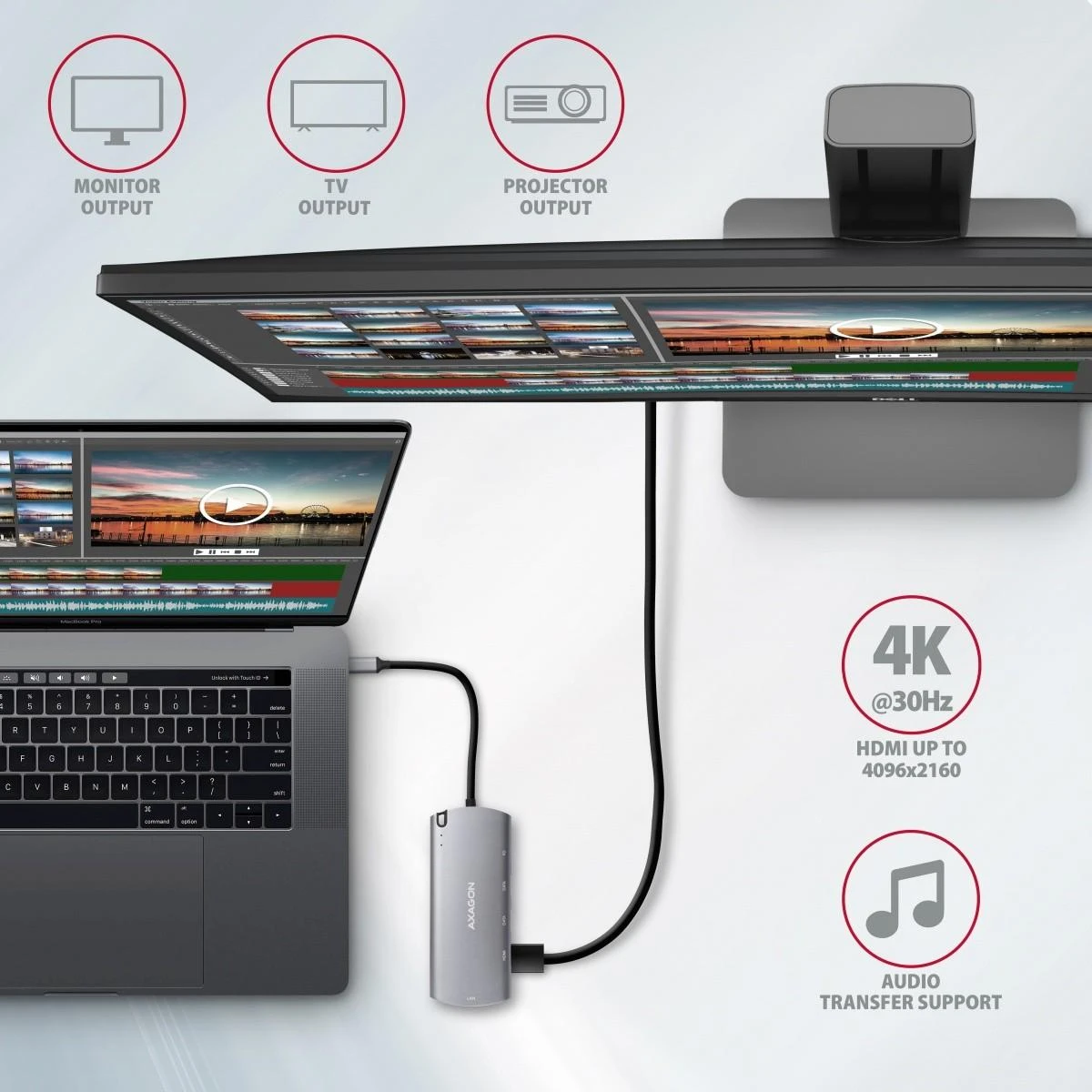 Axagon HMC-6M2 SUPERSPEED USB-C COMBO 6IN1 HUBMultiport USB 3.2 Gen 1 šakotuvas. SATA M.2, HDMI, Gigabit LAN ir maitinimo tiekimas. USB-C laidas 18 cm.