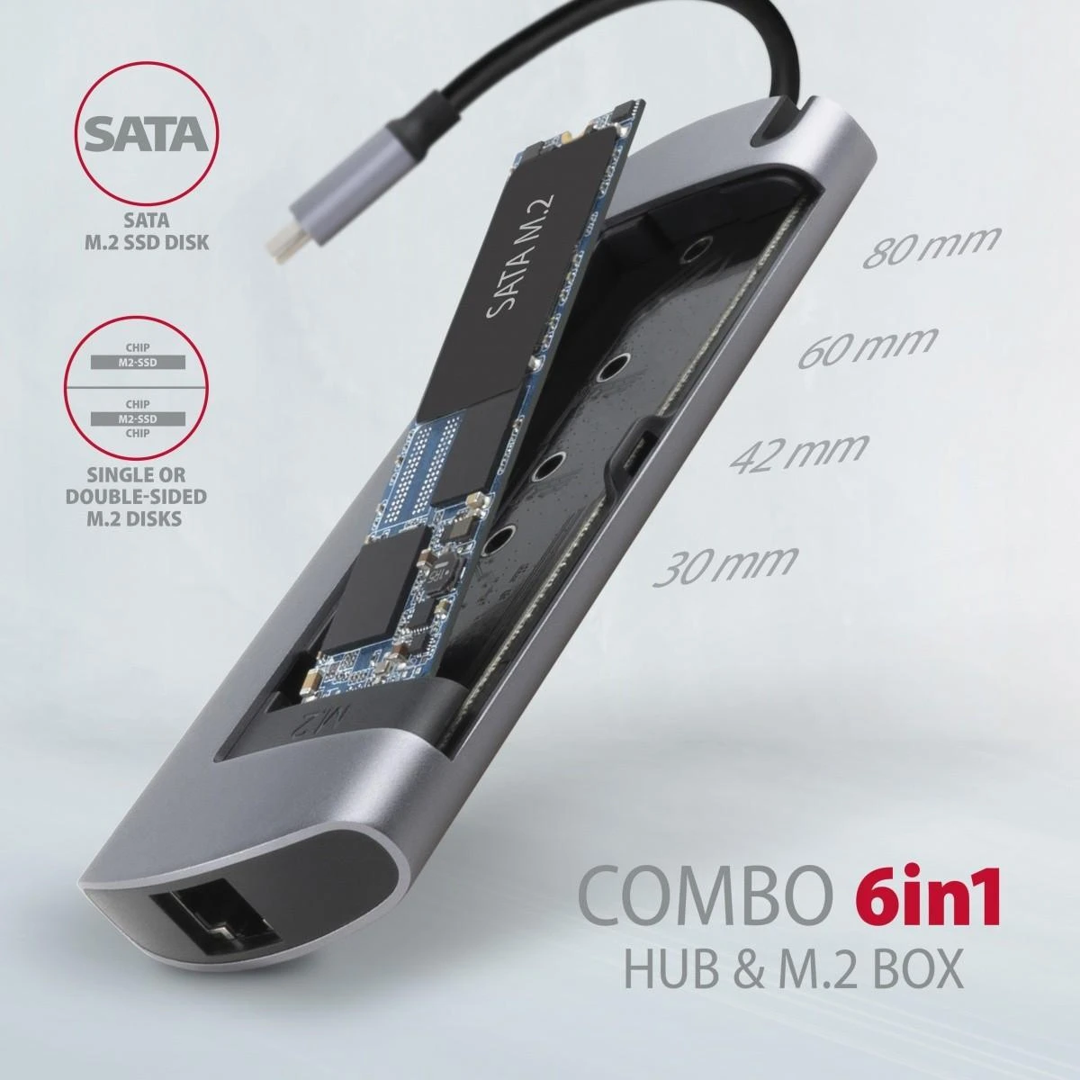 Axagon HMC-6M2 SUPERSPEED USB-C COMBO 6IN1 HUBMultiport USB 3.2 Gen 1 šakotuvas. SATA M.2, HDMI, Gigabit LAN ir maitinimo tiekimas. USB-C laidas 18 cm.