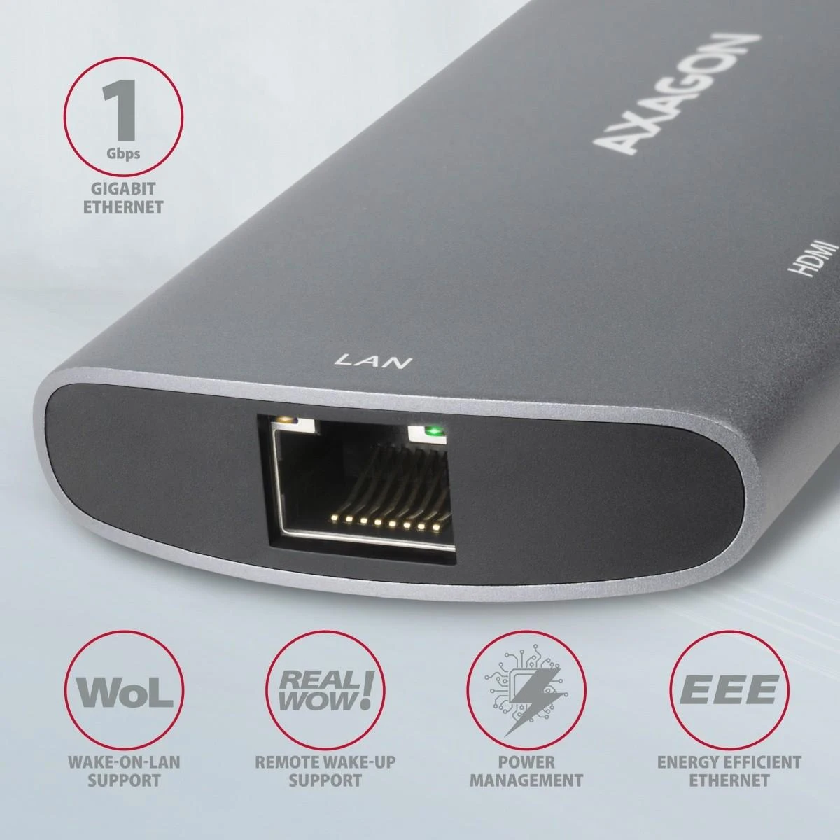 Axagon HMC-6M2 SUPERSPEED USB-C COMBO 6IN1 HUBMultiport USB 3.2 Gen 1 šakotuvas. SATA M.2, HDMI, Gigabit LAN ir maitinimo tiekimas. USB-C laidas 18 cm.