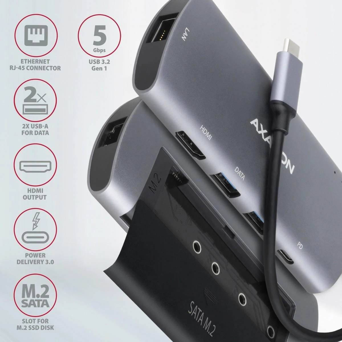 Axagon HMC-6M2 SUPERSPEED USB-C COMBO 6IN1 HUBMultiport USB 3.2 Gen 1 šakotuvas. SATA M.2, HDMI, Gigabit LAN ir maitinimo tiekimas. USB-C laidas 18 cm.