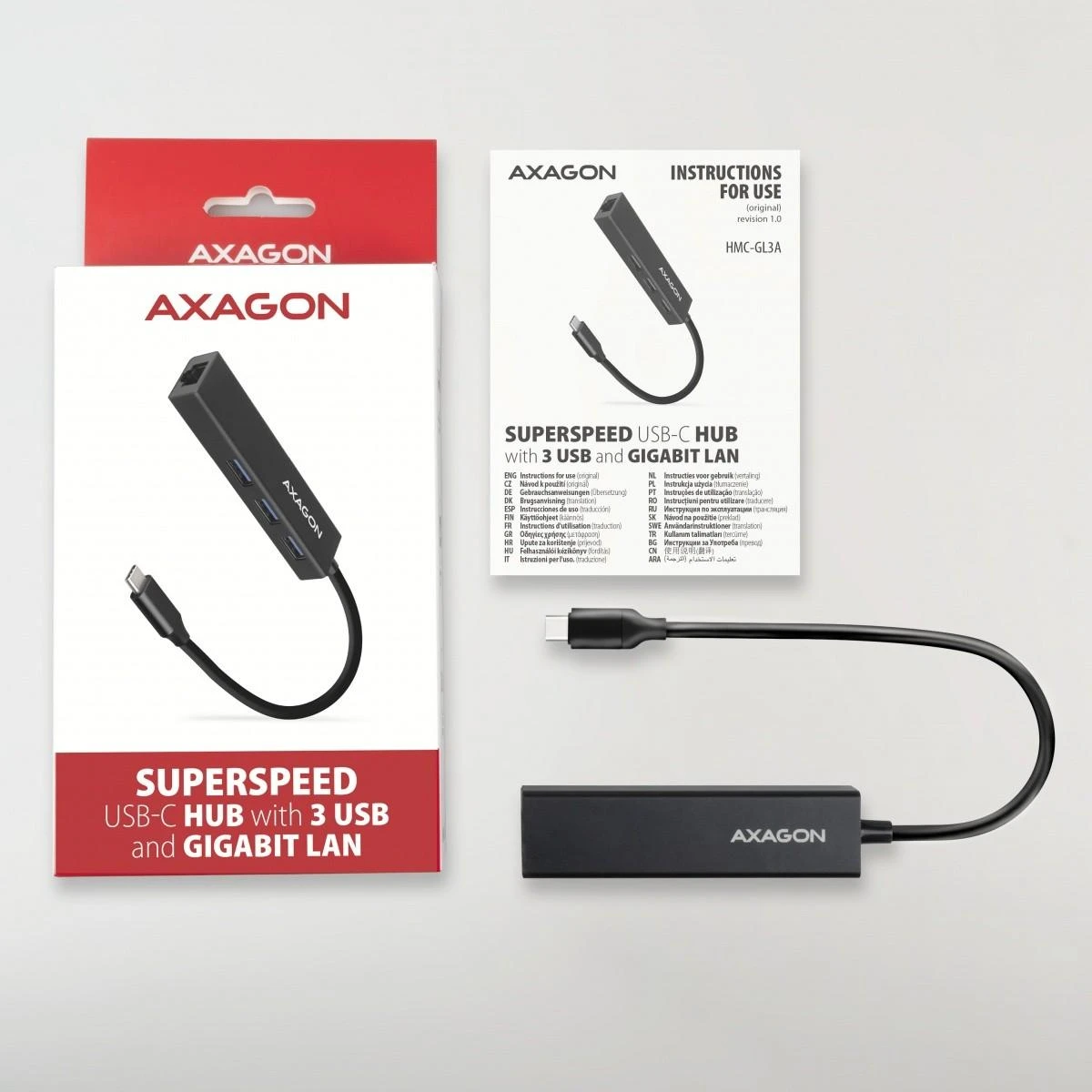 „Axagon HMC-GL3A SuperSpeed USB-C“ šakotuvas + gigabito LAN jungtis