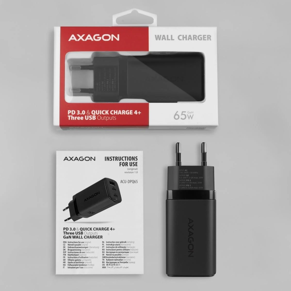 AXAGON ACU-DPQ65 pakuotė ir įkroviklis su komplektacija