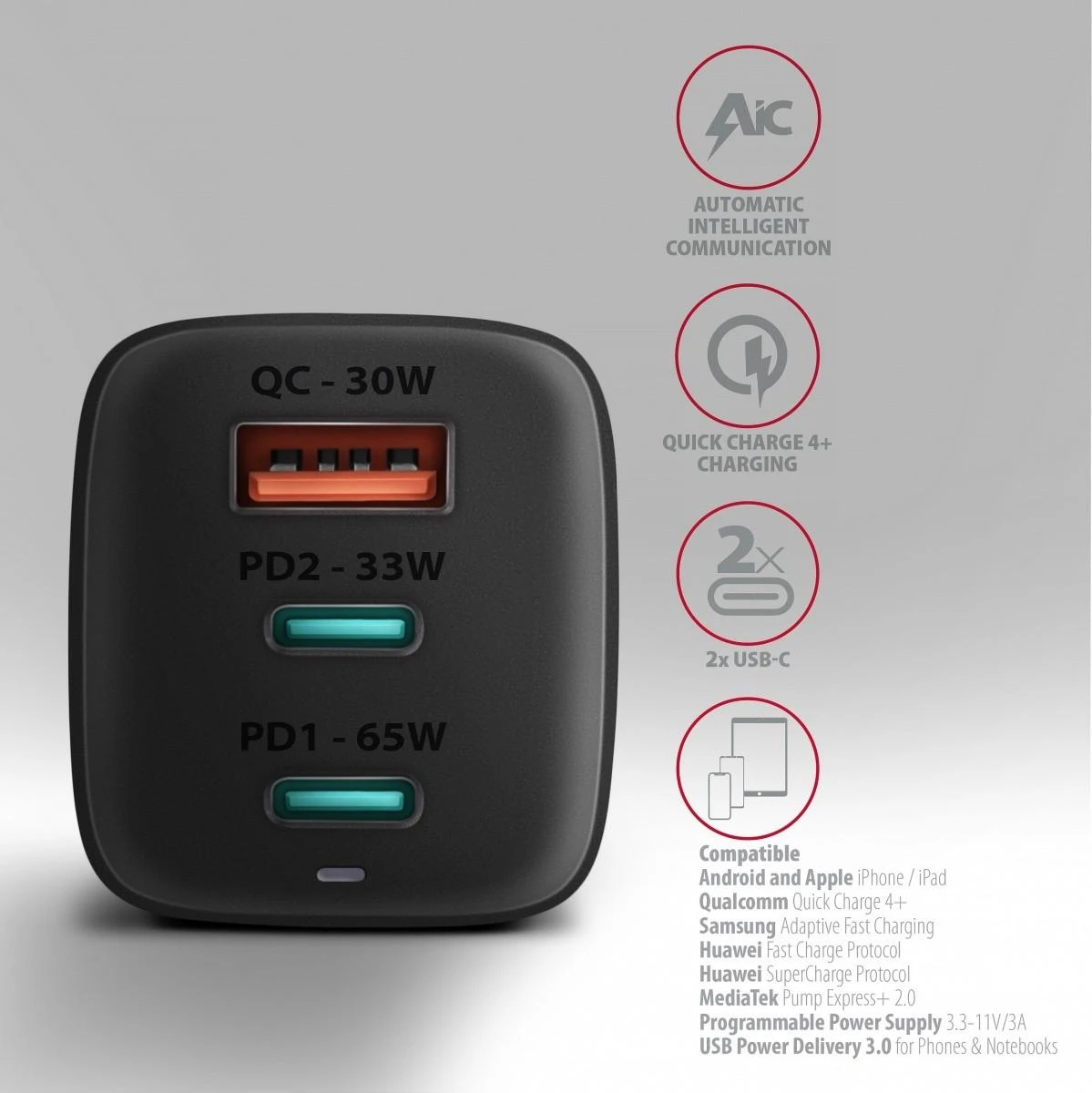 AXAGON GaN sieninis įkroviklis 3x prievadas (USB-A + 2x USB-C), 65W | ACU-DPQ65