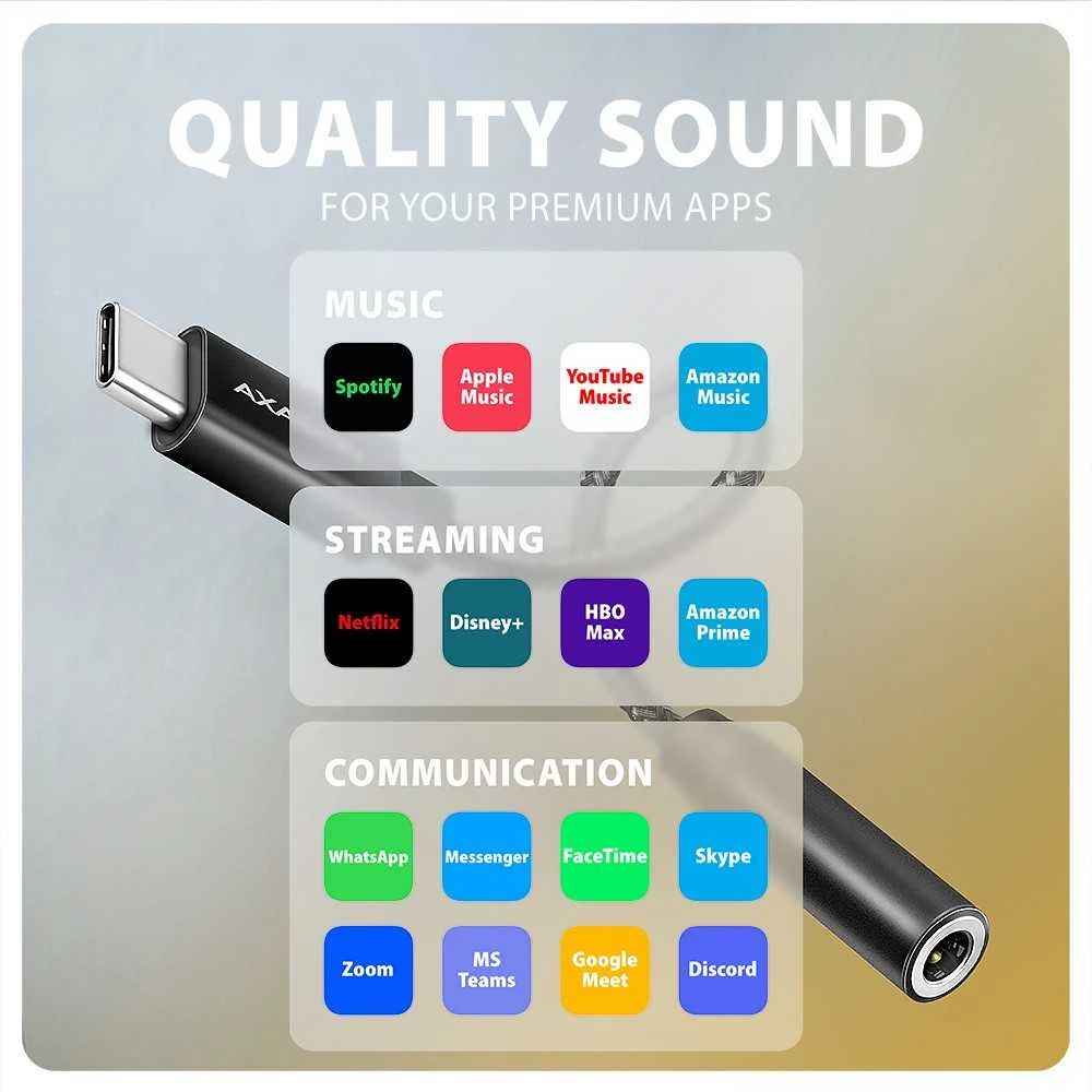AXAGON ADA-HC USB-C – 3,5 mm (F) jungtis, didelės raiškos DAC, 32 bitų 384 kHz garso adapteris
