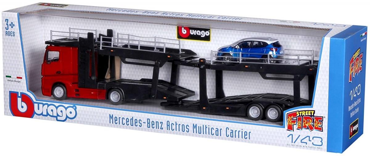 BBURAGO 1/43 Street Fire auto vilkikas Mercedes Benz Actros su automobiliu, asort., 18-31458