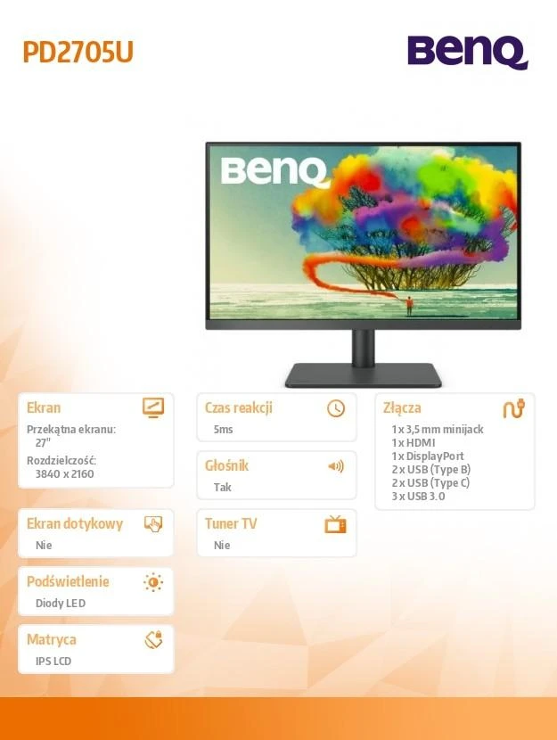 Monitorius BENQ PD2705U 27 colių LED 3840x2160 16:9 350cd/m2 5ms HDMI/DP/USB-C PD65W Juodas