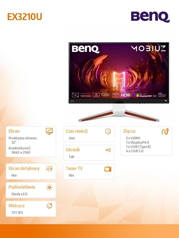 Benq | LED Monitorius | EX3210U | 32 " | IPS | UHD | 16:9 | 144 Hz | 2 ms | 3840 x 2160 | 300 cd/m² | HDMI jungtys quantity 2 | Baltas | Garantija 36 mėn.