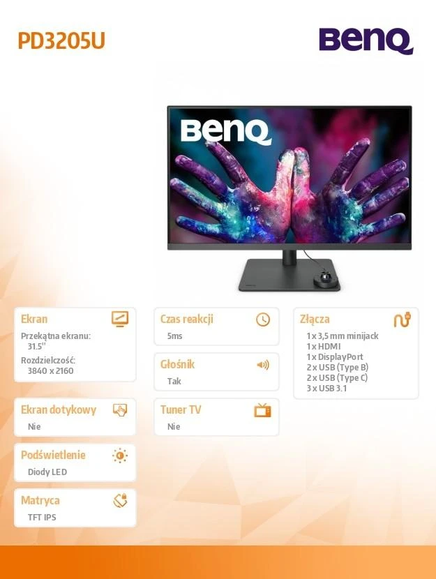 Monitorius BENQ PD3205U 32 colių LED 3840x2160 16:9 350cd/m2 4ms HDMI/DP/USB-C PD90W Juodas
