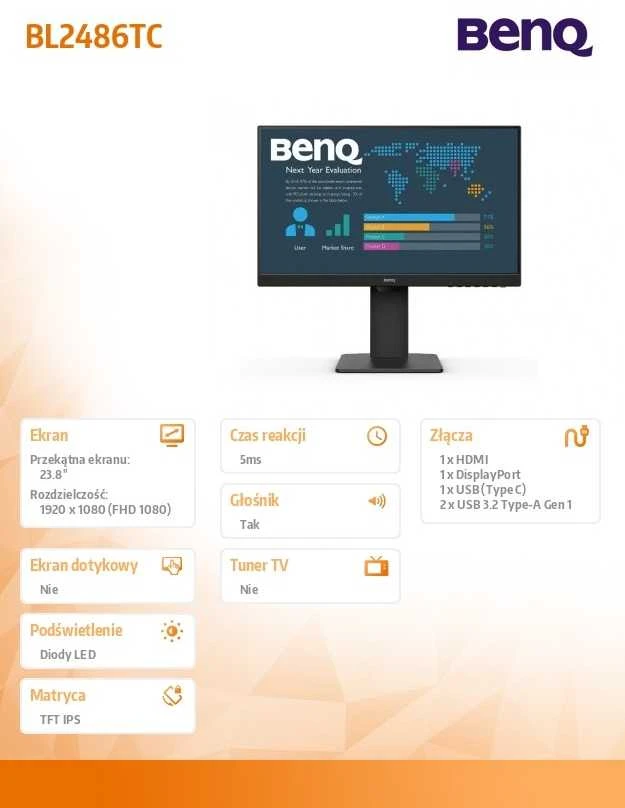Monitorius Benq | BL2486TC | 23.8 " | IPS | 16:9 | 100 Hz | 5 ms | 1920 x 1080 pikselių | 250 cd/m² | HDMI jungtys quantity 1 | Juodas | Garantija 36 mėn.