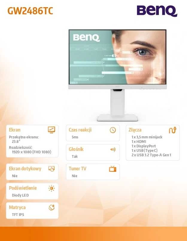 Monitorius Benq GW2486TC | 23.8 " | IPS | 16:9 | 100 Hz | 5 ms | 1920 x 1080 pikselių | 250 cd/m² | HDMI jungtys quantity 1 | Baltas