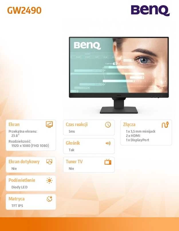 Monitorius BenQ GW2490, 24", 1920 x 1080, 100 Hz, 5 ms, 250 cd/m²