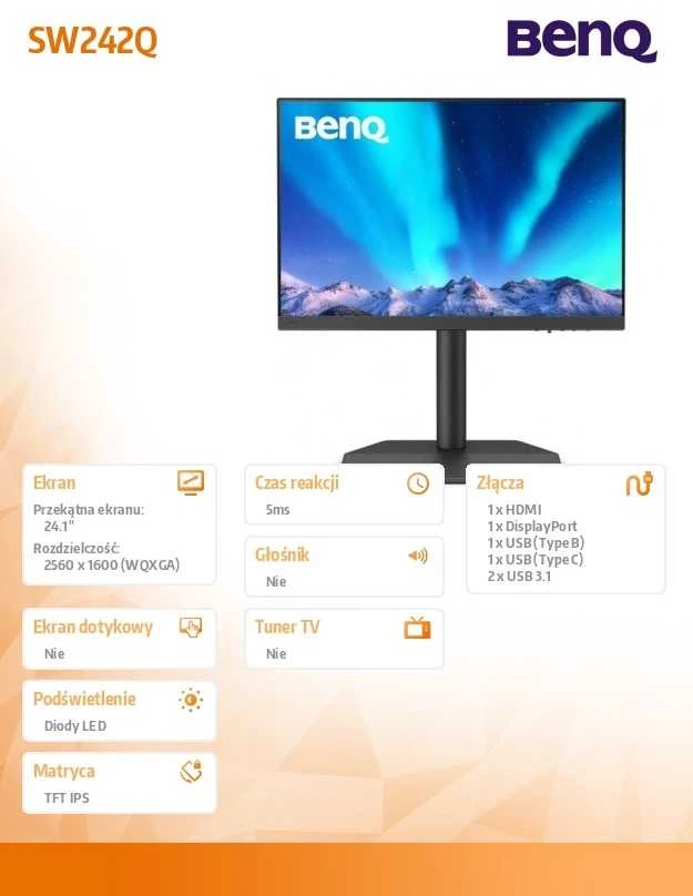 Monitorius BENQ SW242Q 24.1" WQXGA IPS HDMI/DP/USB-C 90W
