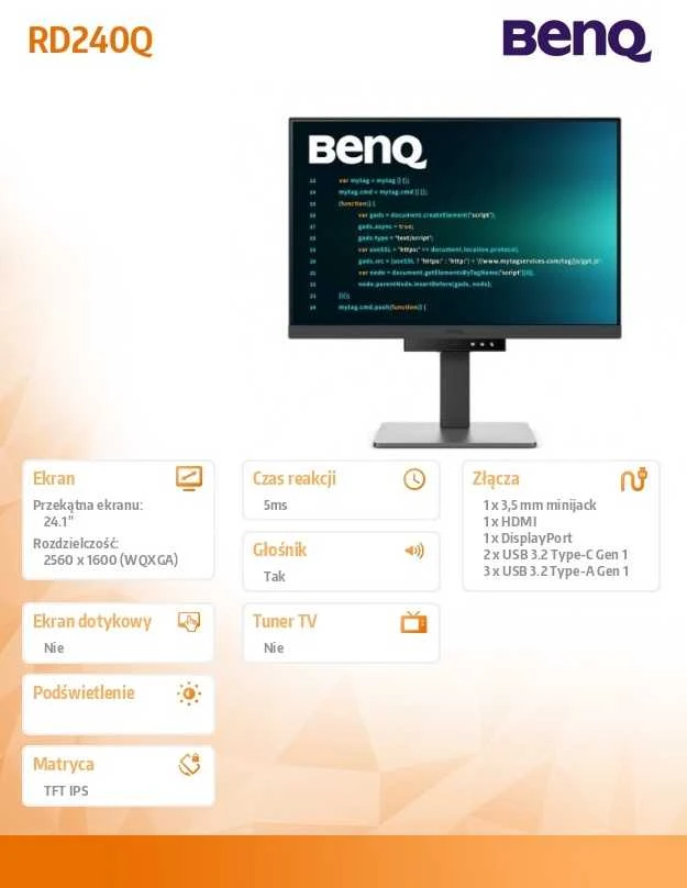 Monitorius BENQ RD240Q 24,1 colio IPS WQXGA 60Hz 300cd/m2 5ms HDMI DP USB3.2x3 USB Type C PD90W Garsiakalbiai Pivot