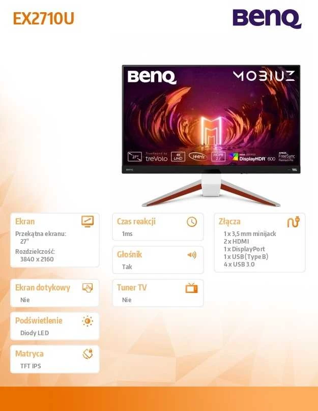 Monitorius BenQ EX2710U | 27" MOBIUZ/Gaming/IPS/4K(3840 x 2160)/ 144 Hz /16:9/HDRi vaizdas ir tikras „treVolo“ garsas