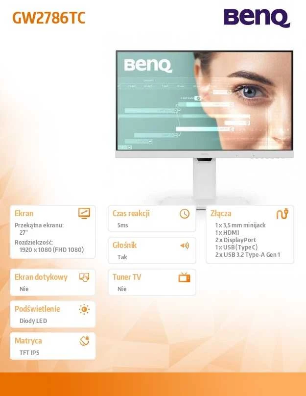 Monitorius Benq GW2786TC | 27 " | IPS | 16:9 | 100 Hz | 5 ms | 1920 x 1080 pikselių | 250 cd/m² | HDMI jungtys quantity 1 | Baltas