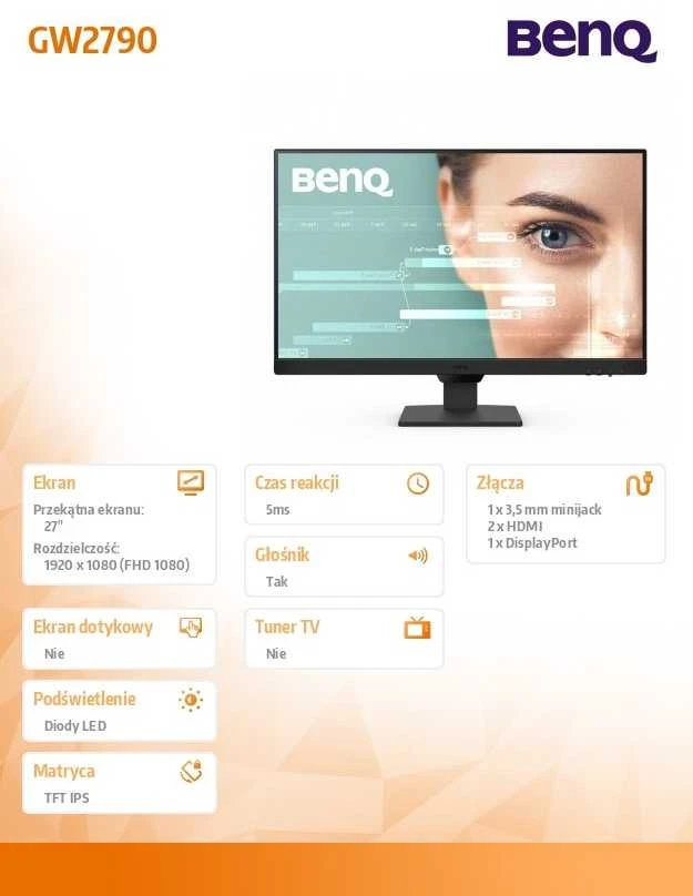 Monitorius BENQ GW2790 27 colių FHD IPS 5ms 100Hz 250cd/m2 2xHDMI DP garsiakalbis