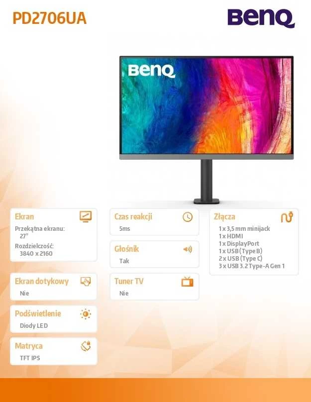 BENQ PD2706UA 27 colių 4k monitorius su ERGO ARM 350 cd/m2 5ms HDMI DP USB C PD90W šakotuvu USB Pivot garsiakalbiais