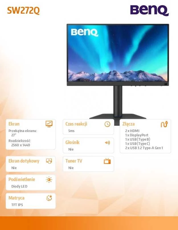 BENQ SW272Q 27" 2K QHD IPS HAS HDMI/DP/USB-C PD90W 99% ADOBE RGB PHOTOGRAPHER MONITORIUS