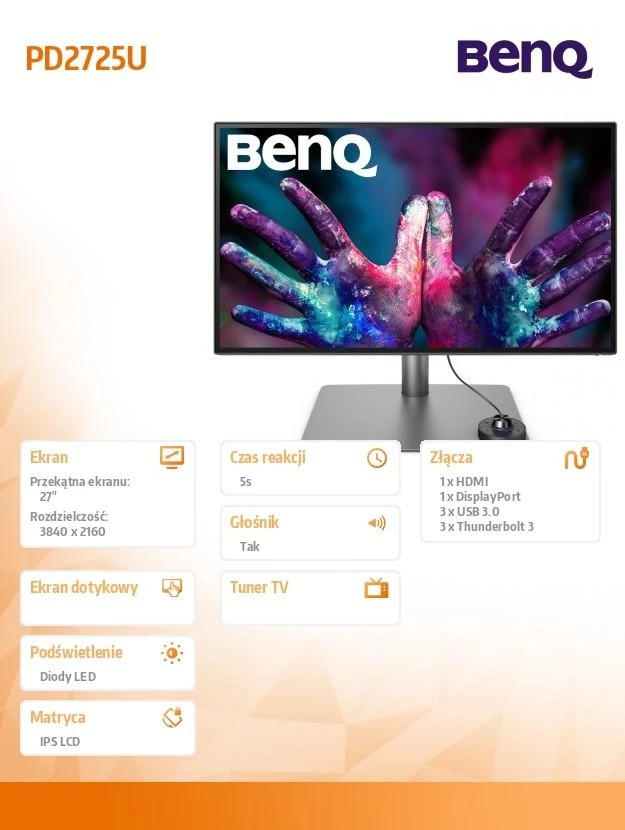 Monitorius BENQ PD2725U 27" 4K UHD IPS HAS HDMI/DP TB3 USB-C PD65W