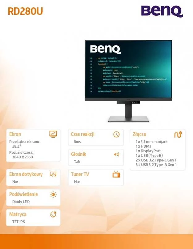 Monitorius BENQ RD280U 28,2 colio IPS 3840x2560 350cd/m2 5ms HDMI 2.0 DP USB tipas C PD90W HUB USB KVM Aukštis