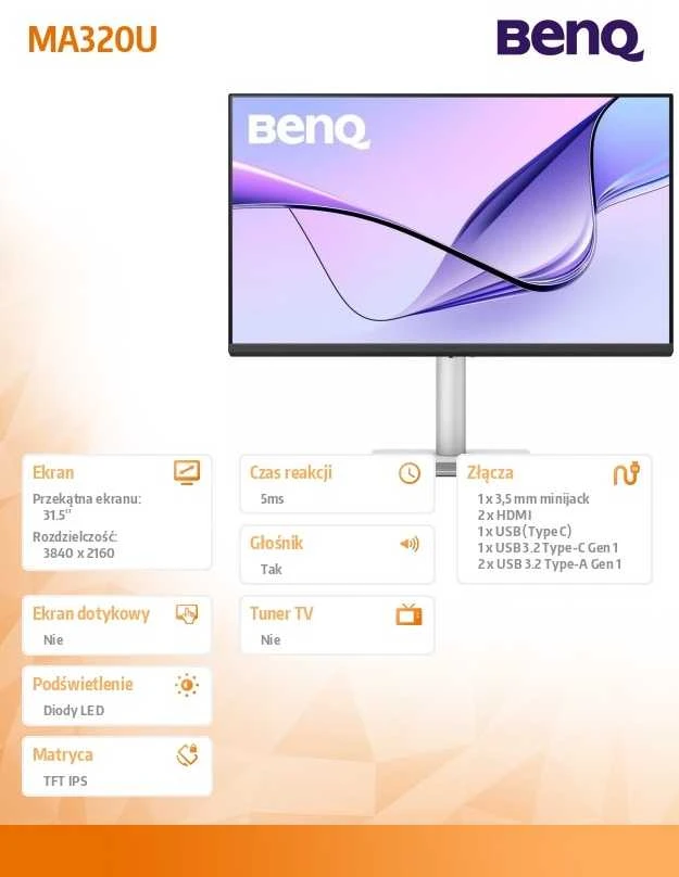 Monitorius BENQ MA320U, skirtas MAC 31,5 colio IPS 4K 550cd/m2 5ms HDMIx2 USB-Cx2 90W ir 15W Pivot garsiakalbiams