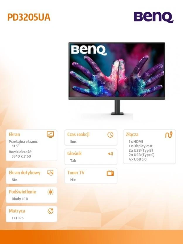 BENQ PD3205UA 32 colių 4K IPS 16:9 3840x2160 DesignVue dizaino monitorius su Ergo stovu HDMI DP mini DP USB3.1 Hub