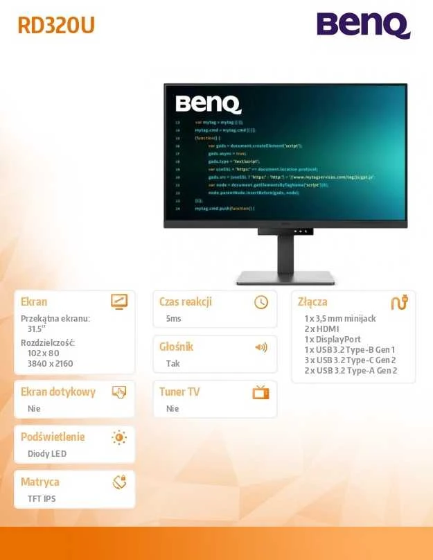 Monitorius BENQ RD320U 31,5 colio IPS 4K 400cd/m2 5ms HDMI2.0x2 DP USB-C PD90W Huba USB garsiakalbiai Pivot