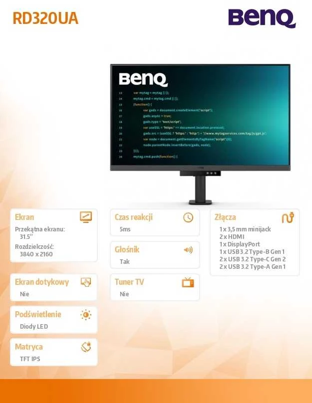Monitorius BENQ RD320UA 31,5 colio IPS 4K 400cd/m2 5ms HDMI2.0x2 DP USB-C PD90W Huba USB garsiakalbiai Pivot