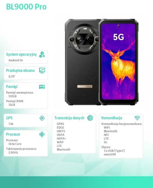 Išmanusis telefonas su šilumine kamera Blackview BL9000 Pro 5G 12/512GB, juodas