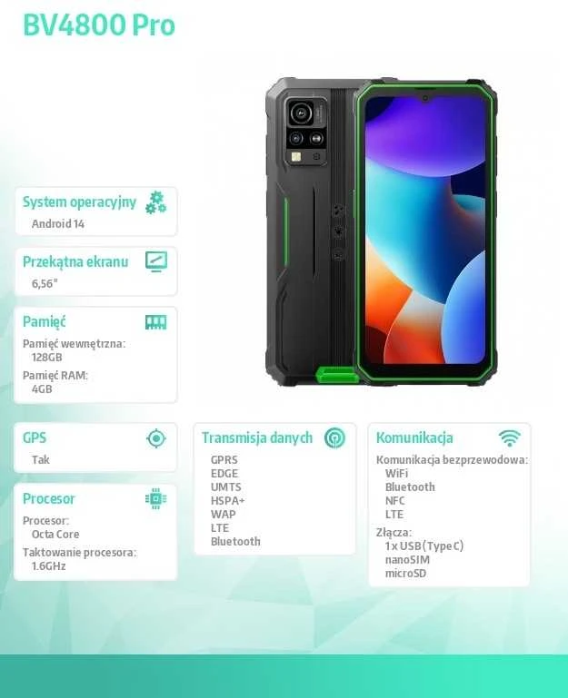 Blackview Rugged BV4800Pro LTE 6.56" HD+IPS 720x1612 60Hz GORILLA GLASS 5 T606 Aštuonių branduolių 1.6GHz 4GB/128GB KAMERA Priekinė 8MP Galinė 16MP+2MP 5180mAh Android 15 5180mAh Be įkroviklio Žalias