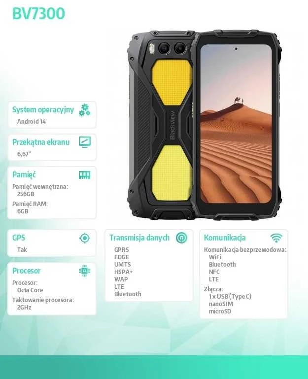 „Blackview BV7300 LTE“ 6,67 colio HD+IPS 720x1604 90 Hz „Corning 5th MT6769V“ aštuonių branduolių procesorius, 2,0 GHz, 6+256 GB atmintis, kamera, priekinė kamera, 32 MP, galinė kamera, 50+20 MP, naktinio matymo kamera, IP68/IP69K/MIL-STD-810H, NFC, 15000 mAh, be įkroviklio, dvigubi kempingo žibintai, juodas