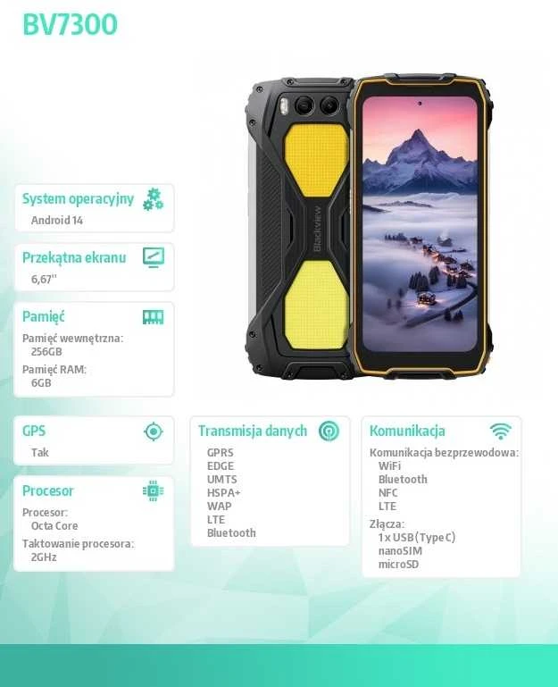 Blackview BV7300 LTE 6.67" HD+IPS 720x1604 90Hz Corning 5th MT6769V Aštuonių branduolių 2.0GHz 6+256GB CAM Priekinė 32MP Galinė 50+20MP Naktinio matymo kamera IP68/IP69K/MIL-STD-810H NFC 15000mAh Be įkroviklio Dvigubos stovyklavimo lemputės Geltona