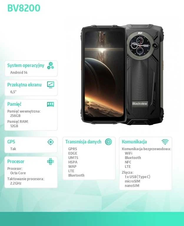 Blackview Tvirtas BV8200 LTE 6,5 colio FHD+IPS 1080x2400 120Hz Corning 3th + 1,3 colio 360x360 12+256GB MT8781 Aštuonių branduolių 2,2 GHz 8800mAh Be įkroviklio CAM Priekinė 32 MP Galinė 50+13 MP IP68/IP69K/MIL-STD-810H NFC Pirštų atspaudų skaitytuvas Juodas
