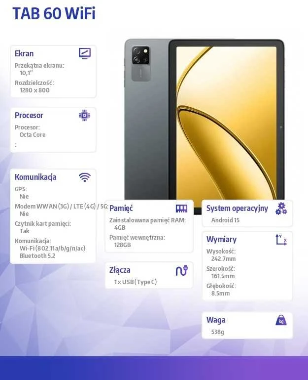 Planšetė Blackview TAB60 WiFi6 10.1 colio HD+IPS 800x1280 60Hz 4GB/128GB A523 aštuonių branduolių 1.8GHz kamera Priekinė 5MP Galinė 8MP 5100mAh Be įkroviklio Android 15 Volcano Pilkas