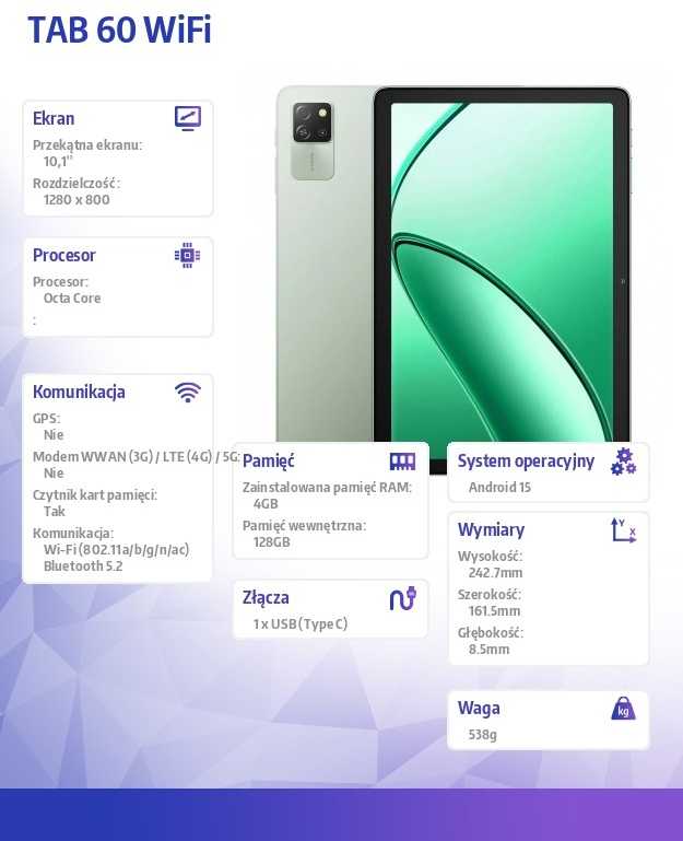 Planšetė Blackview TAB60 WiFi6 10.1 colio HD+IPS 800x1280 60Hz 4GB/128GB A523 aštuonių branduolių 1.8GHz kamera Priekinė 5MP Galinė 8MP 5100mAh Be įkroviklio Android 15 Algae Žalias