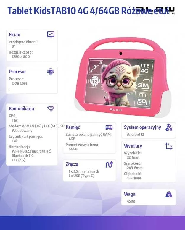 Planšetinis kompiuteris vaikams Blow KidsTAB10 4G, 4/64GB rožinės spalvos