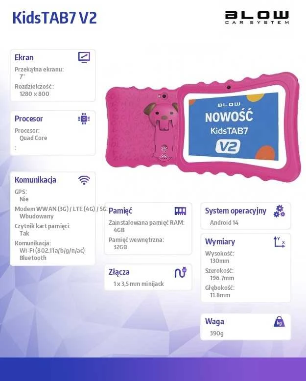 Planšetė KidsTAB7 V2 BLOW 4/32GB rožinis dėklas 2MP