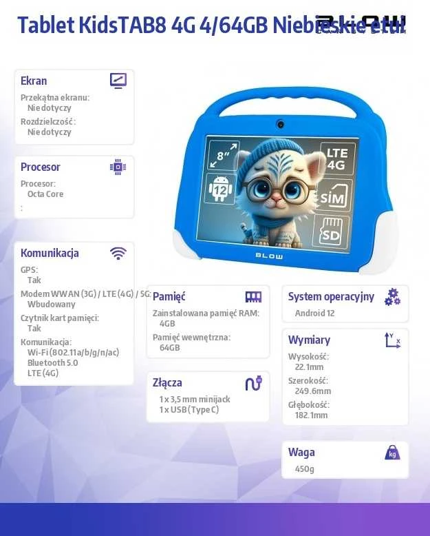 BLOW KidsTAB8 4G planšetinis kompiuteris 4/64GB mėlynas dėklas