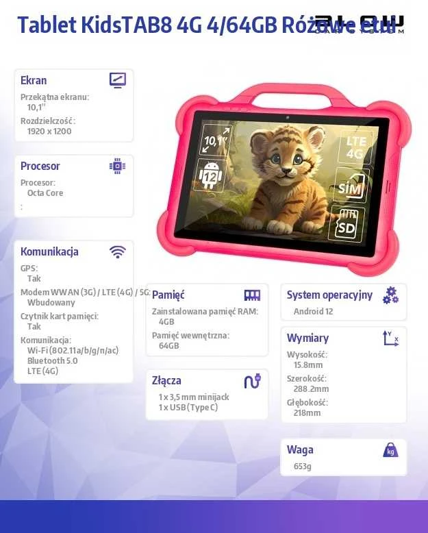 Planšetė Blow KidsTAB8 4G planšetinis kompiuteris 4/64GB rožinis dėklas