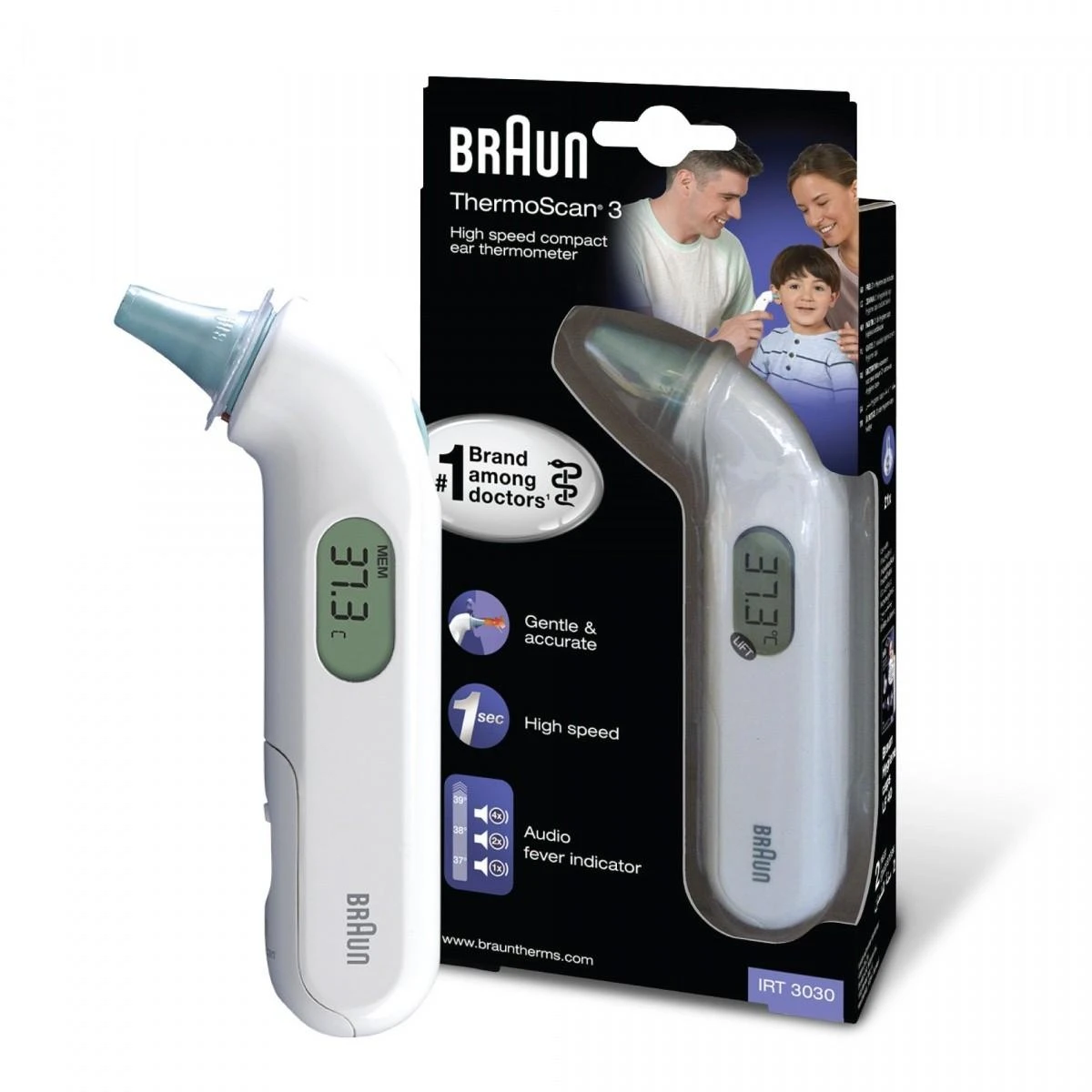 Braun Thermoscan 3 infraraudonųjų spindulių ausies termometras IRT3030 Atminties funkcija, Matavimo laikas 1 s, Baltas