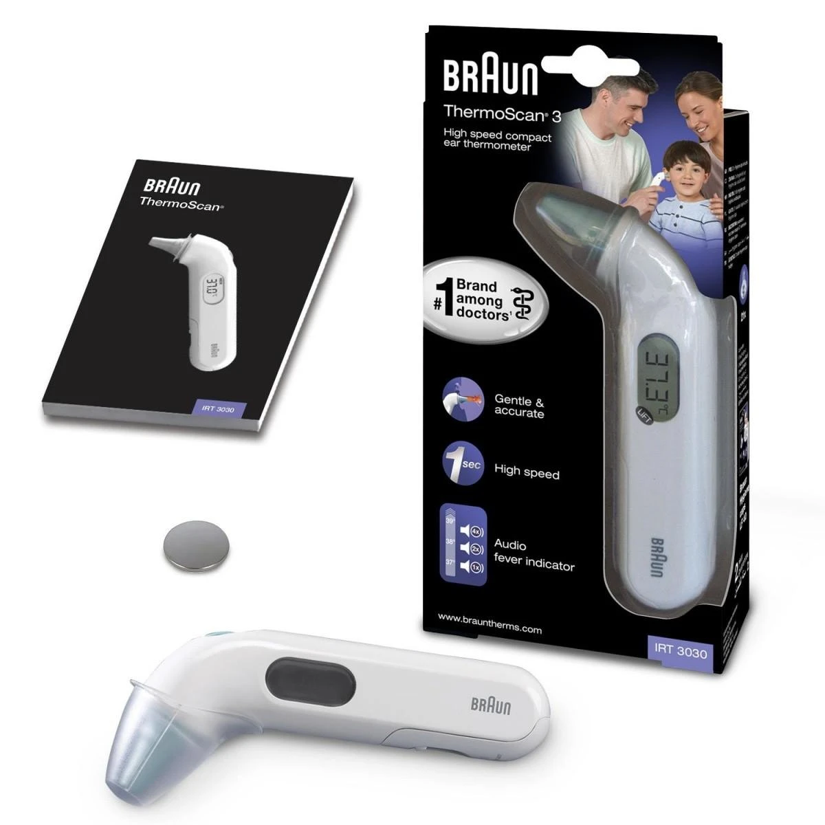 Braun Thermoscan 3 infraraudonųjų spindulių ausies termometras IRT3030 Atminties funkcija, Matavimo laikas 1 s, Baltas
