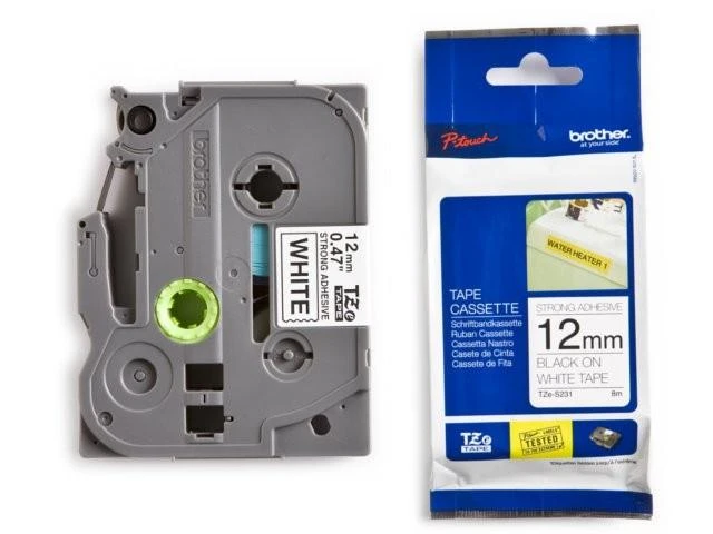 Brother | TZ-S231 Strong Adhesive Laminated Tape | Juodas on Baltas | TZe | 8 m | 1.2 cm